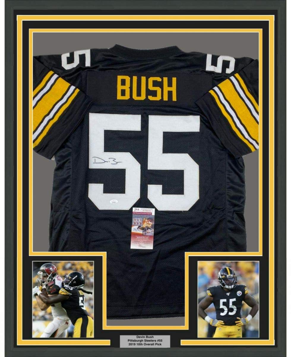 Framed Autographed/Signed Devin Bush 35x39 Pittsburgh Retro Black Football Jersey JSA COA
