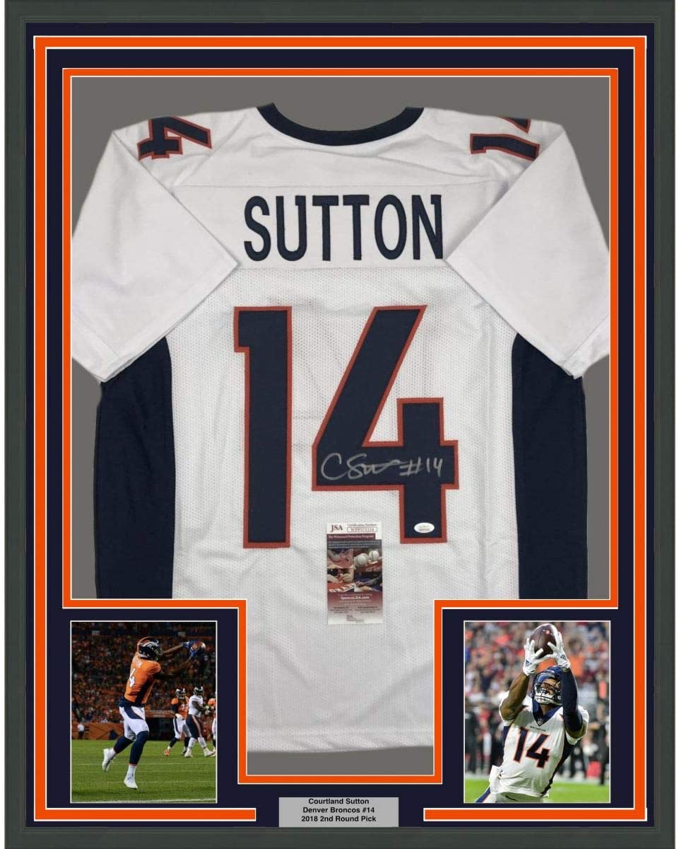 Framed Autographed/Signed Courtland Sutton 35x39 Denver White Football Jersey JSA COA