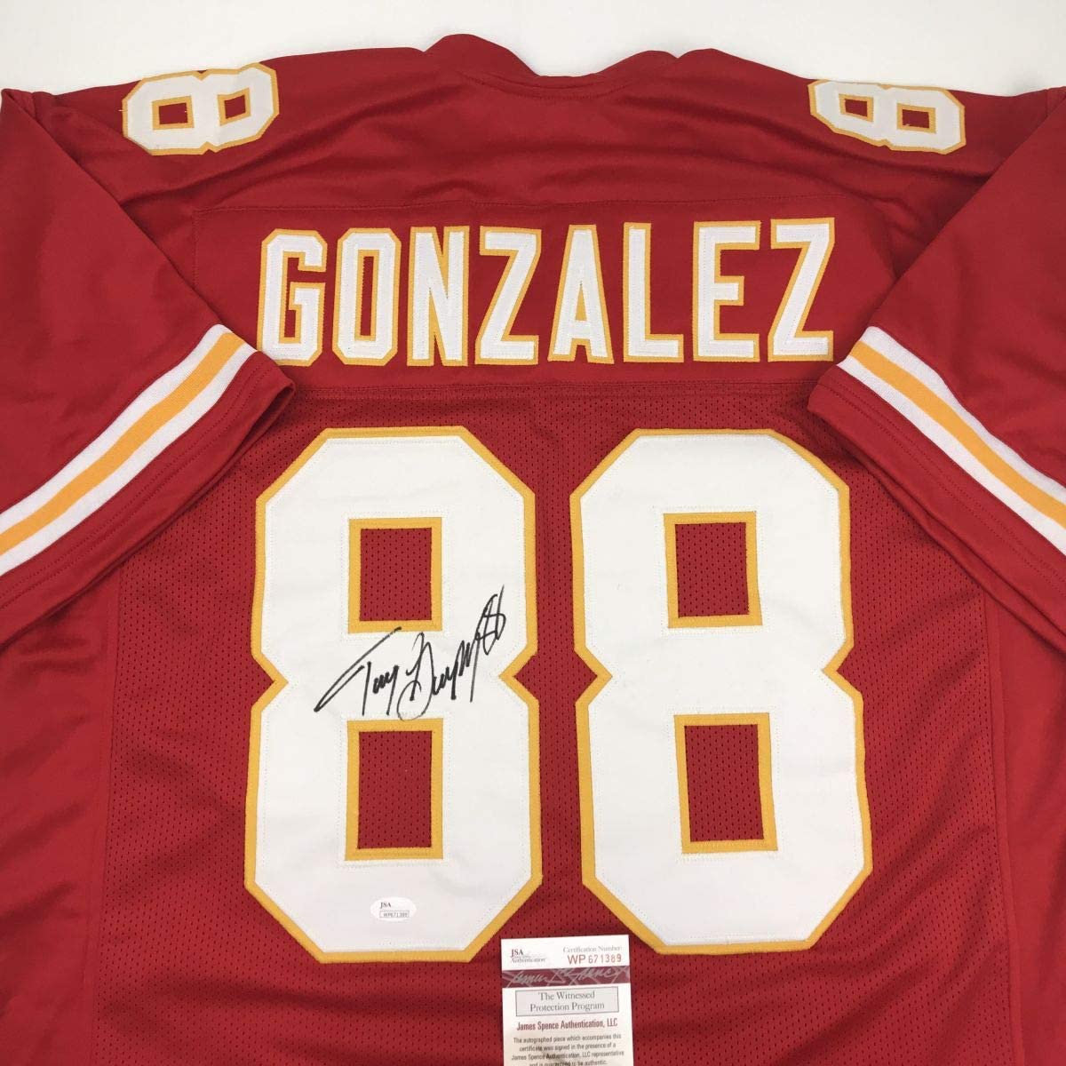 Autographed/Signed Tony Gonzalez Kansas City Red Football Jersey JSA COA