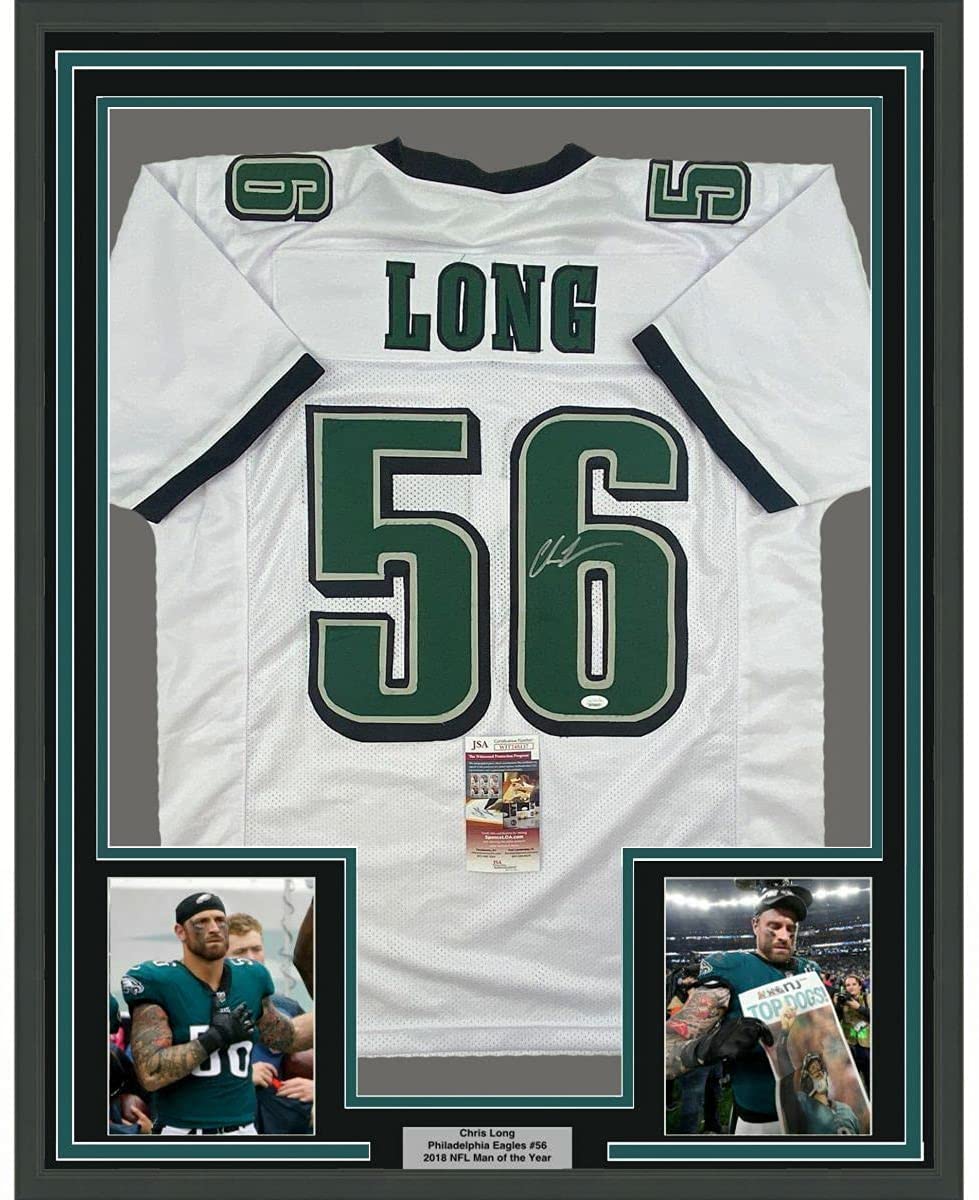 Framed Autographed/Signed Chris Long 35x39 Philadelphia White Football Jersey JSA COA