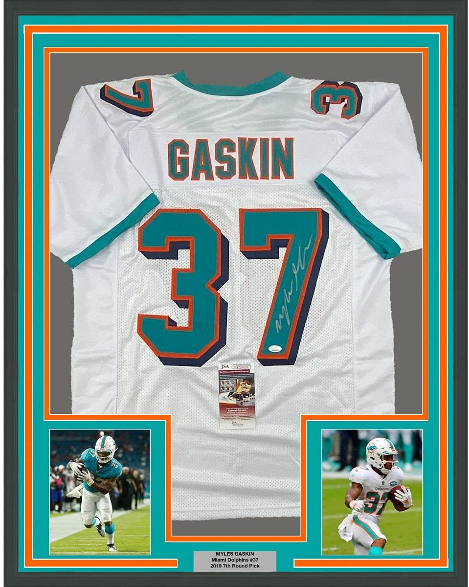 Framed Autographed/Signed Myles Gaskin 35x39 Miami White Football Jersey JSA COA