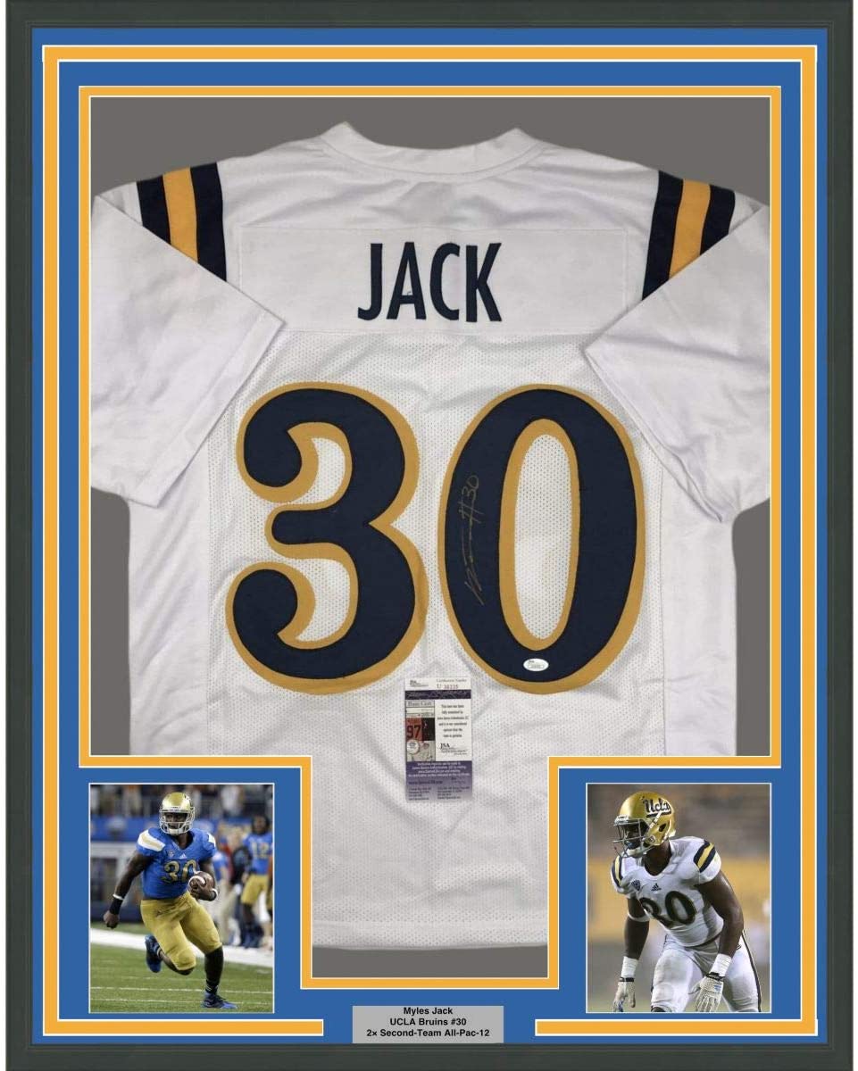 Framed Autographed/Signed Myles Jack 35x39 UCLA White College Football Jersey JSA COA