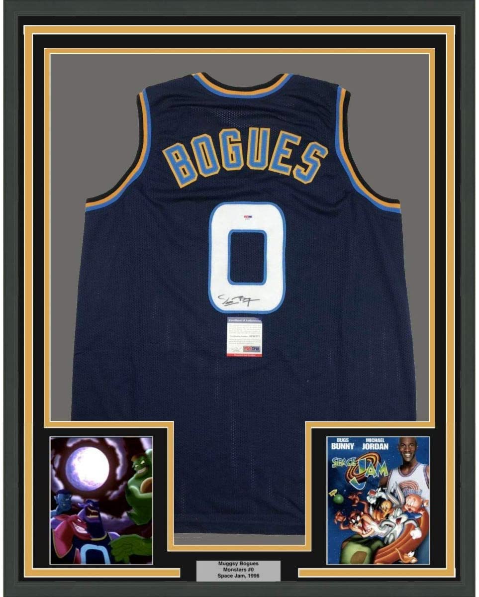 Framed Autographed/Signed Muggsy Bogues 35x39 Space Jam Monstars Blue Basketball Jersey PSA/DNA COA