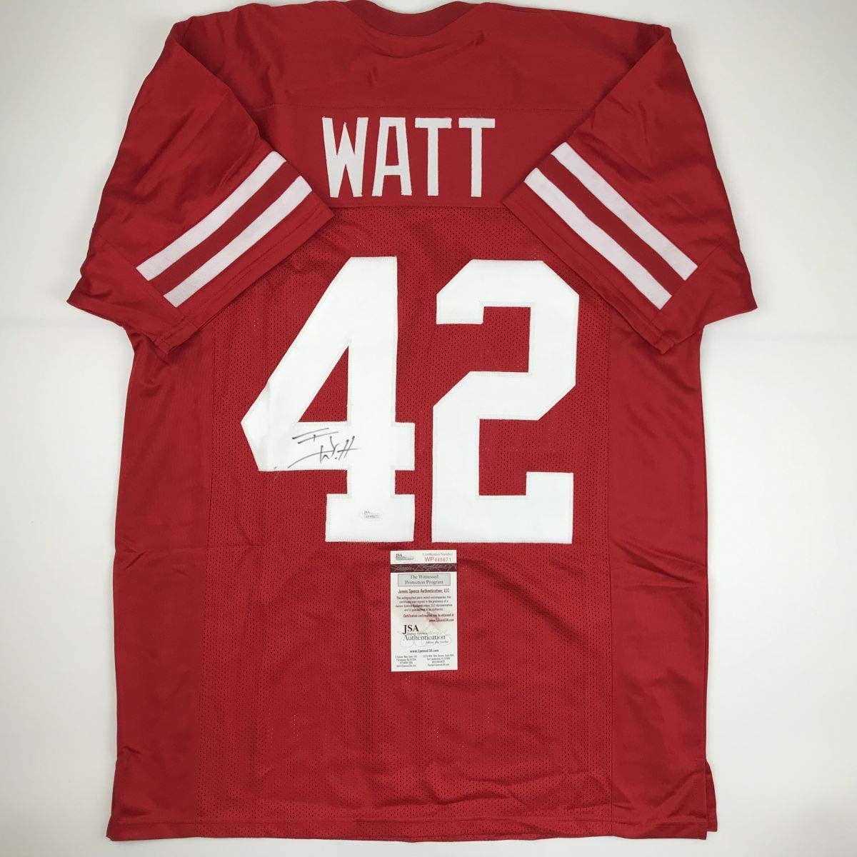 Autographed/Signed TJ T.J. Watt Wisconsin Red College Football Jersey JSA COA