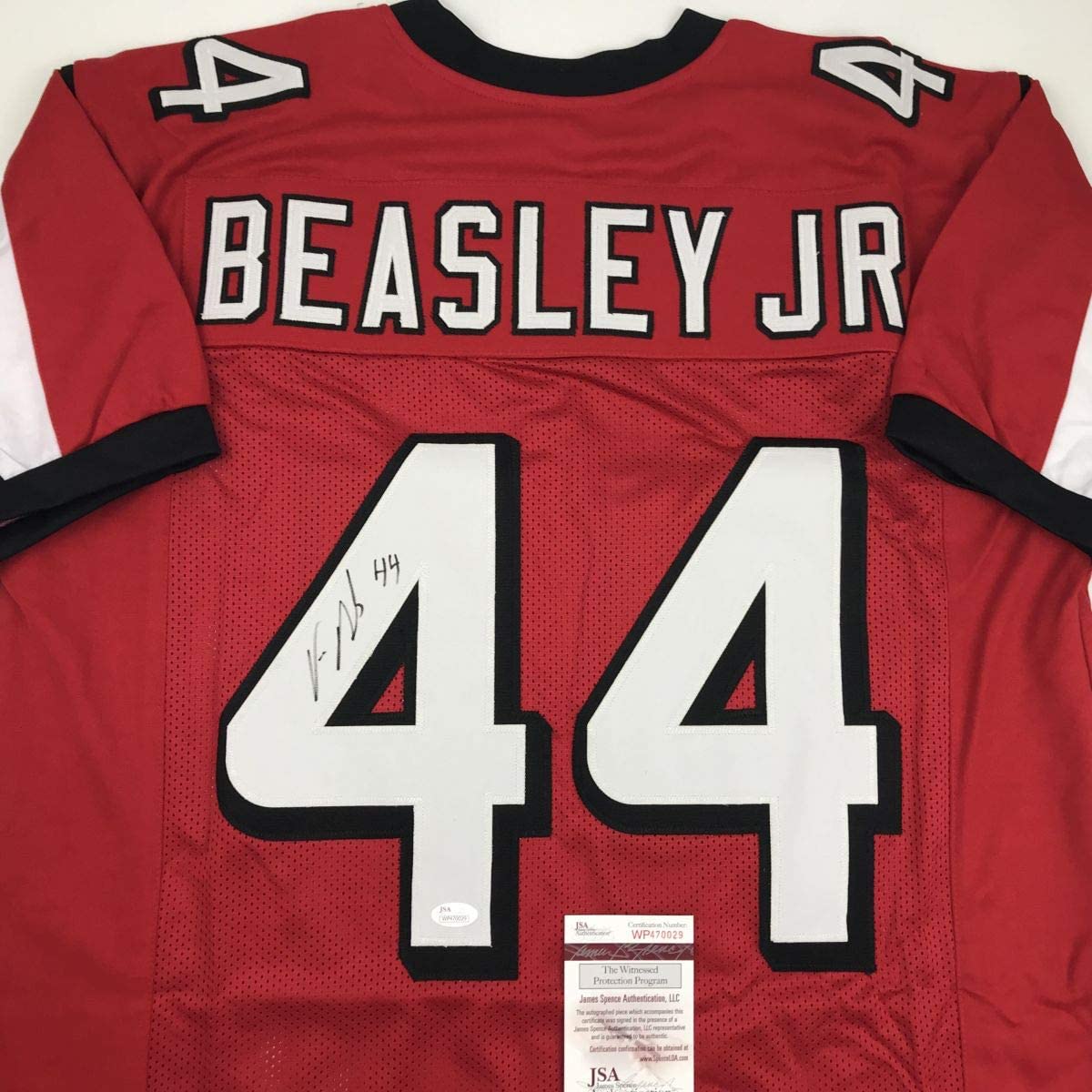 Autographed/Signed Vic Beasley Jr. Atlanta Red Football Jersey JSA COA