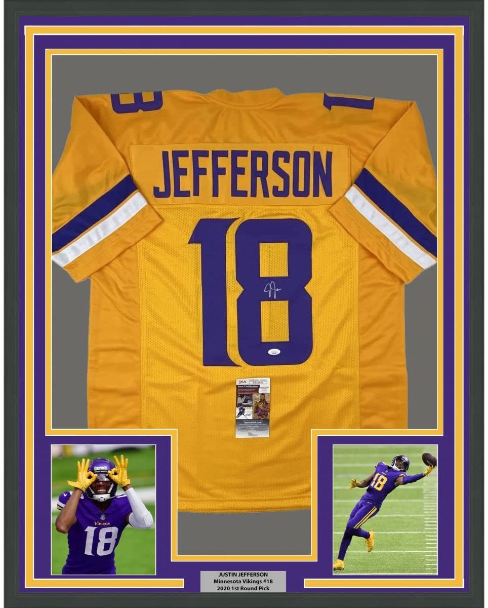 Framed Autographed/Signed Justin Jefferson 35x39 Minnesota Yellow Football Jersey JSA COA