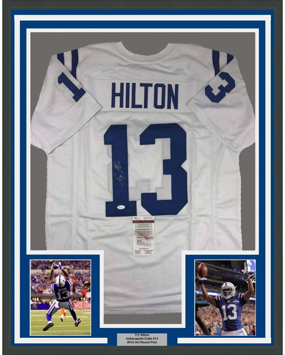 Framed Autographed/Signed TY T.Y. Hilton 35x39 Indianapolis White Football Jersey JSA COA