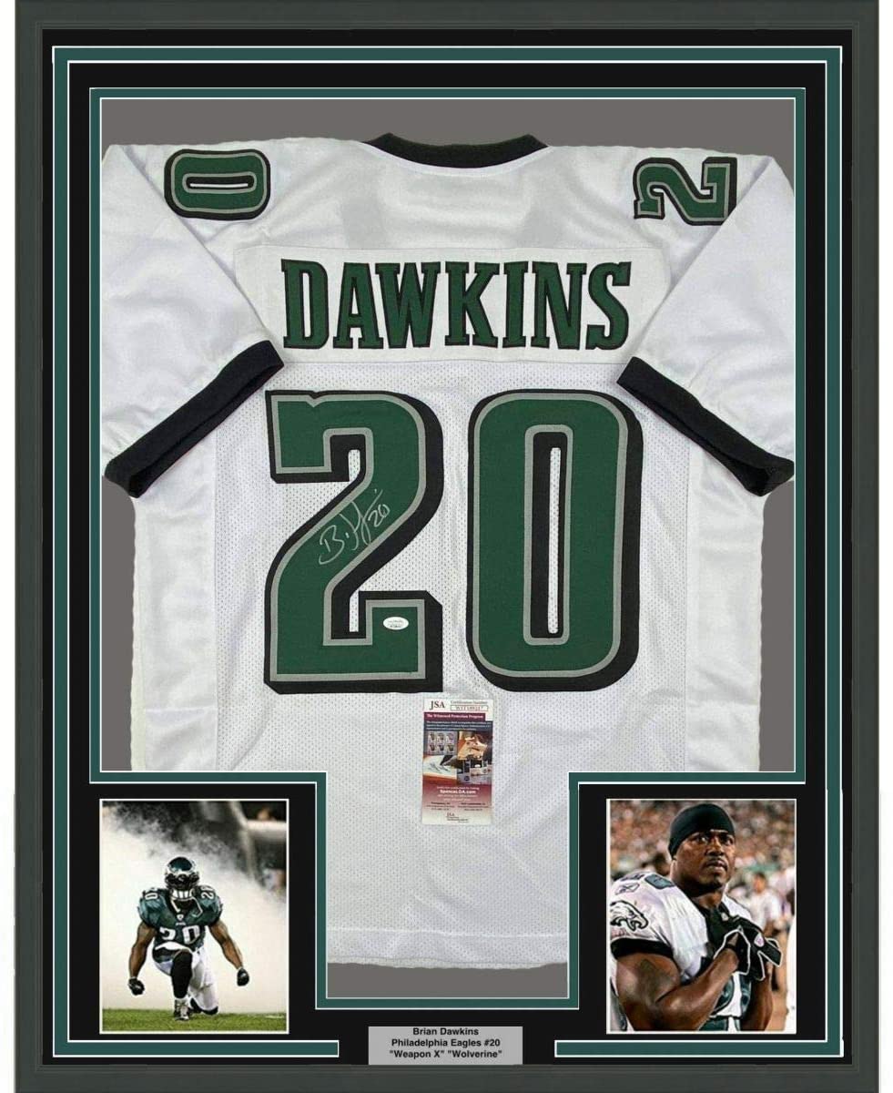 Framed Autographed/Signed Brian Dawkins 35x39 Philadelphia White Football Jersey JSA COA