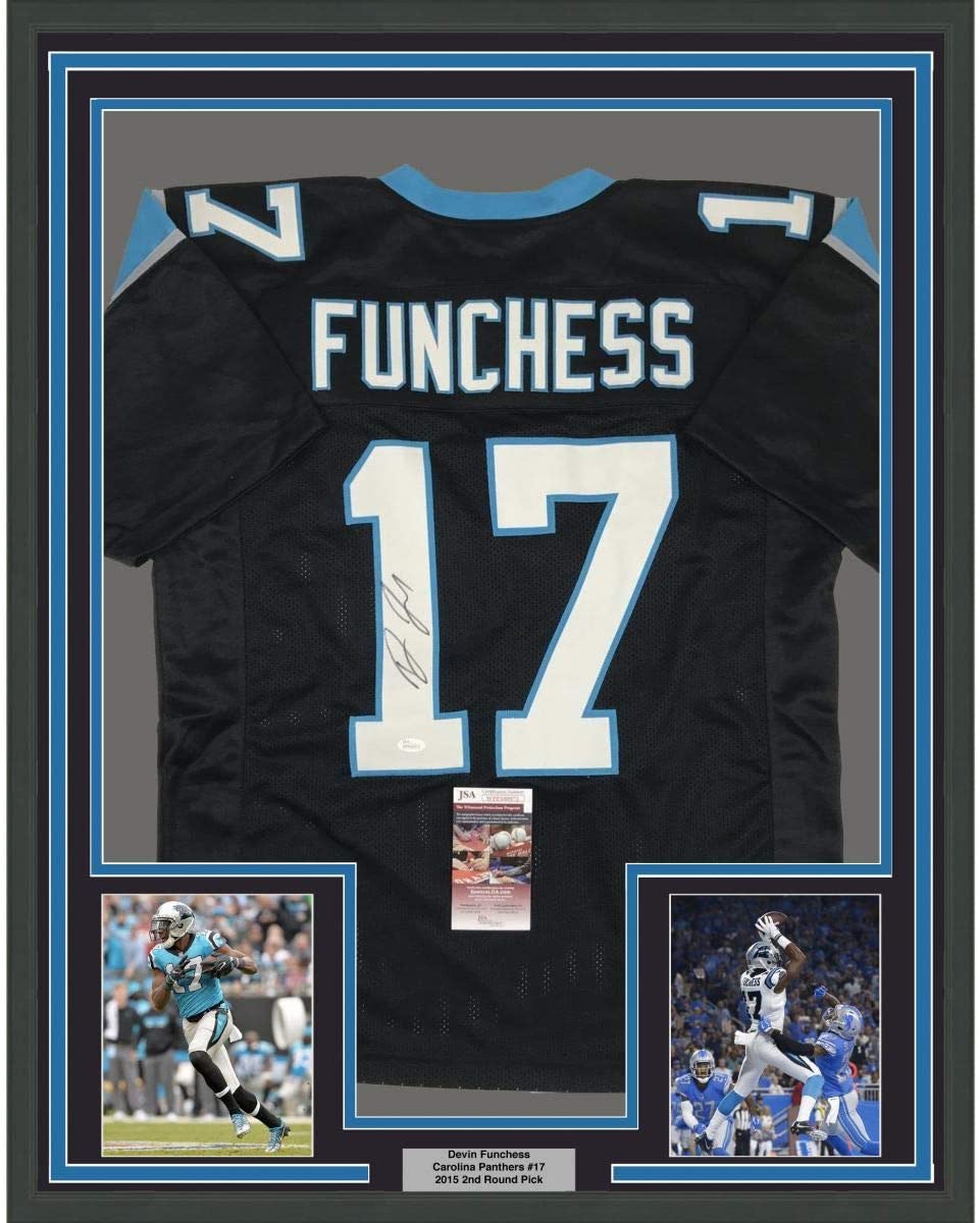 Framed Autographed/Signed Devin Funchess 35x39 Carolina Black Football Jersey JSA COA