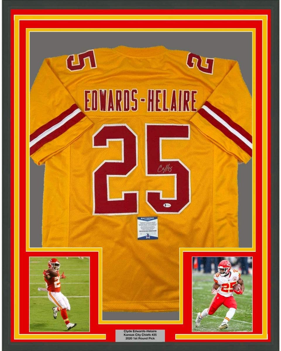Framed Autographed/Signed Clyde Edwards-Helaire 35x39 Kansas City Yellow Football Jersey Beckett BAS COA