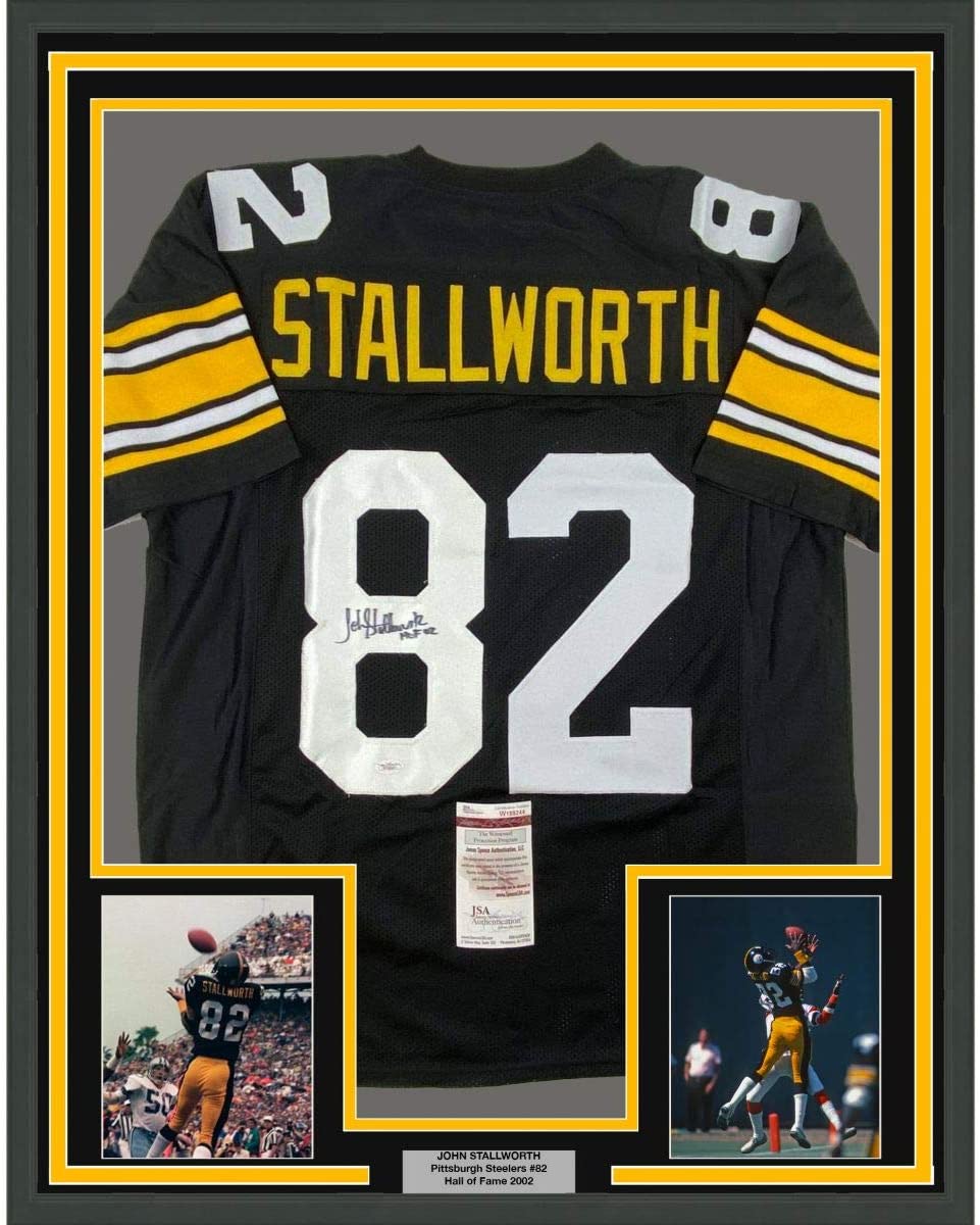 Framed Autographed/Signed John Stallworth HOF 02 35x39 Pittsburgh Black Football Jersey JSA COA