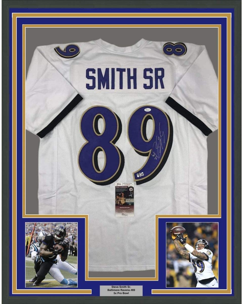 Framed Autographed/Signed Steve Smith Sr. 35x39 Baltimore White Football Jersey JSA COA