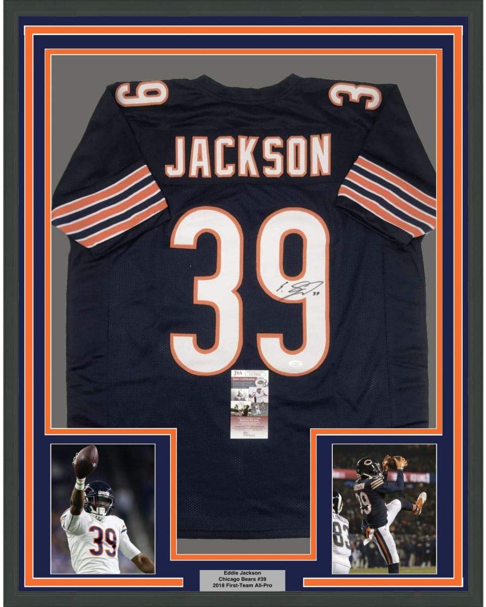 Framed Autographed/Signed Eddie Jackson 35x39 Chicago Blue Football Jersey JSA COA
