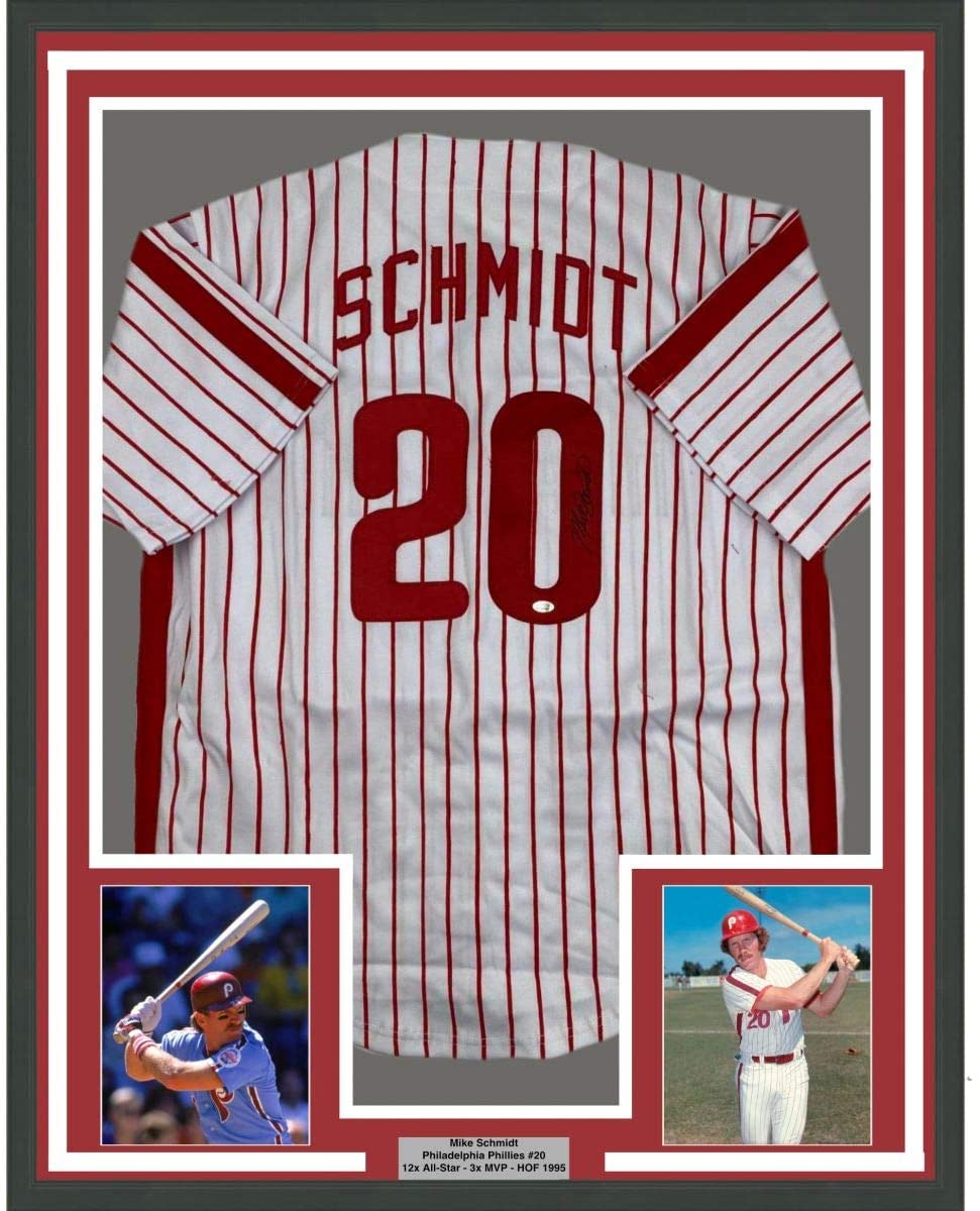 Framed Autographed/Signed Mike Schmidt 35x39 Philadelphia Pinstripe Baseball Jersey GTSM COA Hologram Only