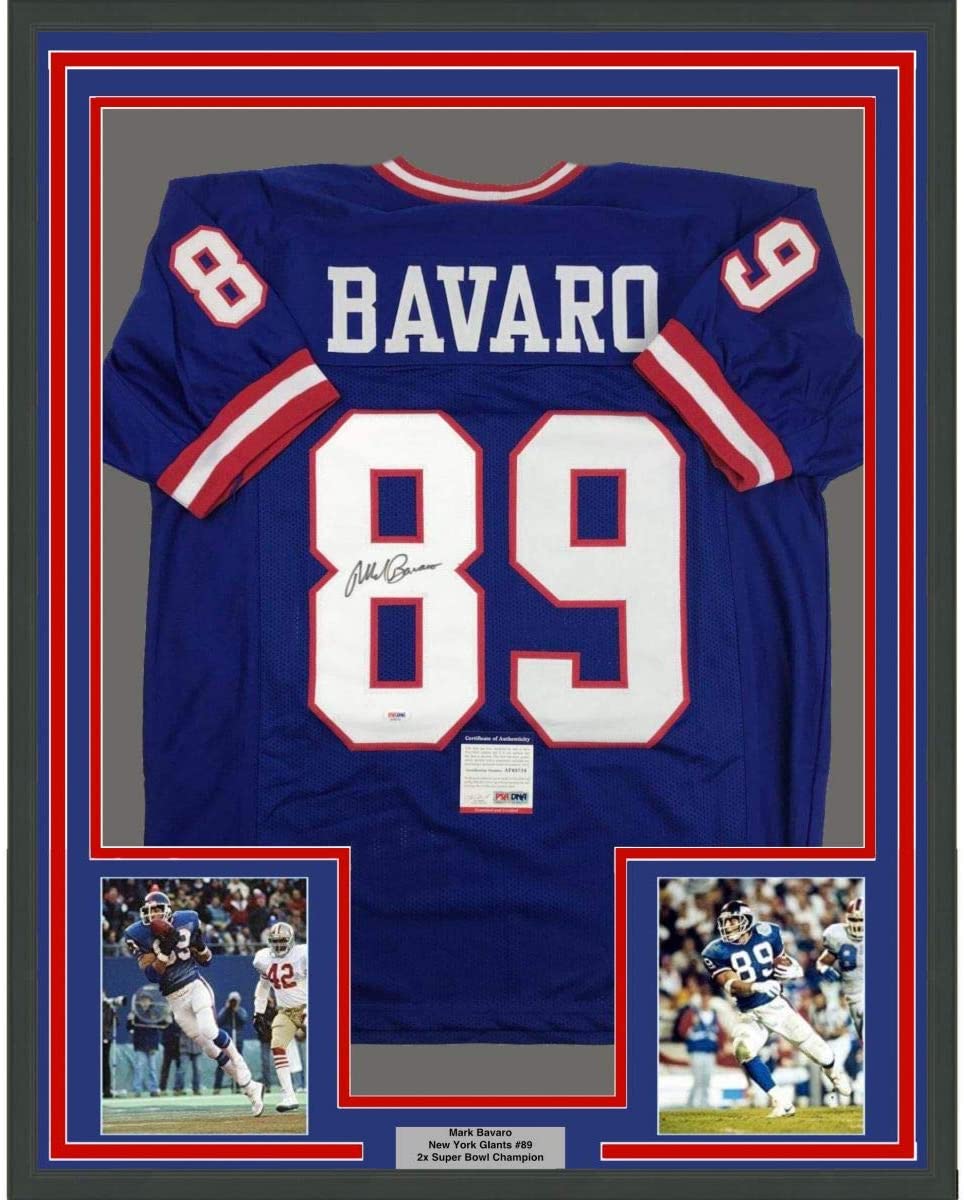 Framed Autographed/Signed Mark Bavaro 35x39 New York Blue Football Jersey PSA/DNA COA