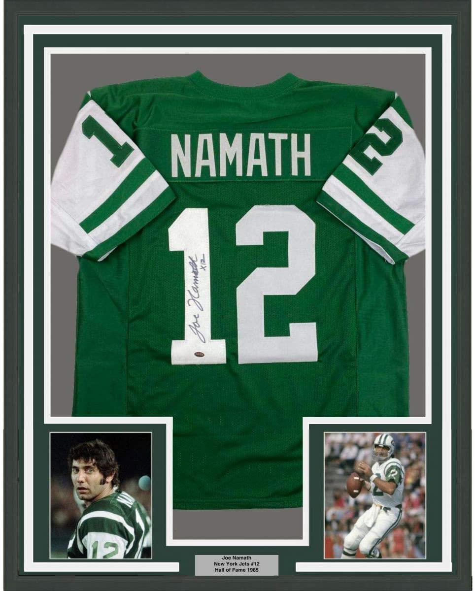 Framed Autographed/Signed Joe Namath 35x39 New York Green Football Jersey GTSM COA Holo Only