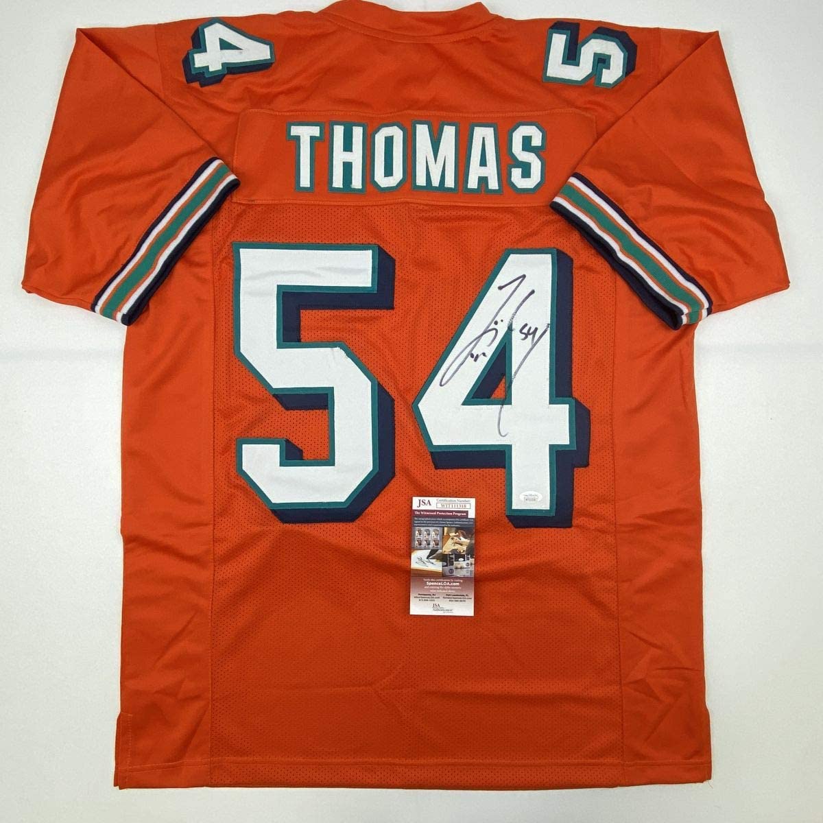 Autographed/Signed Zach Thomas Miami Orange Football Jersey JSA COA