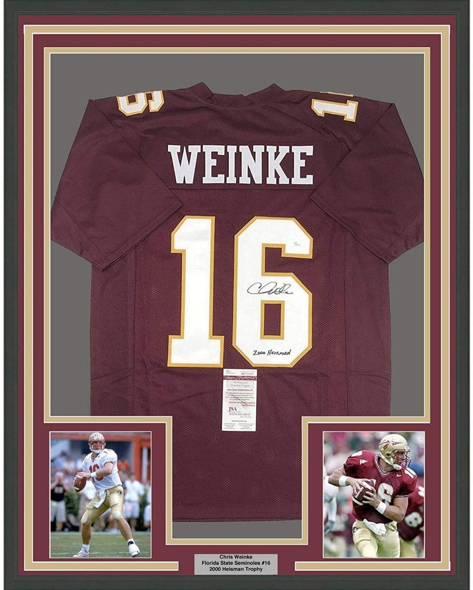 Framed Autographed/Signed Chris Weinke 2000 Heisman 35x39 Florida State Seminoles Maroon College Football Jersey JSA COA