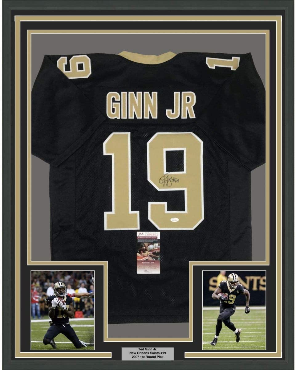 Framed Autographed/Signed Ted Ginn Jr. 35x39 New Orleans Black Football Jersey JSA COA