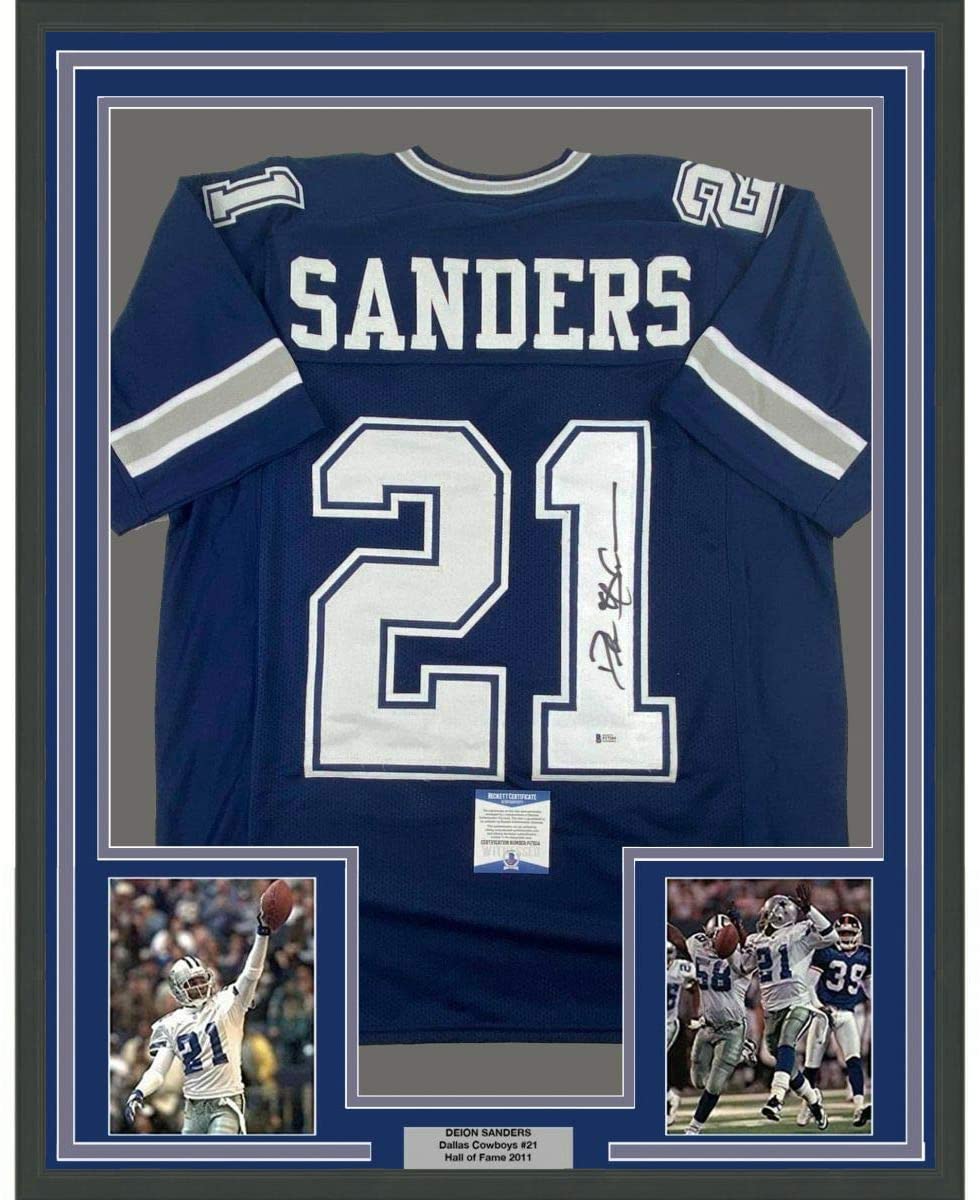Framed Autographed/Signed Deion Sanders 35x39 Dallas Blue Football Jersey Beckett BAS COA