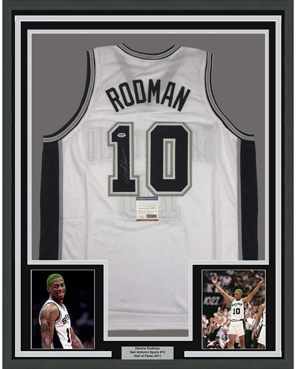 Framed Autographed/Signed Dennis Rodman 35x39 San Antonio White Basketball Jersey PSA/DNA COA