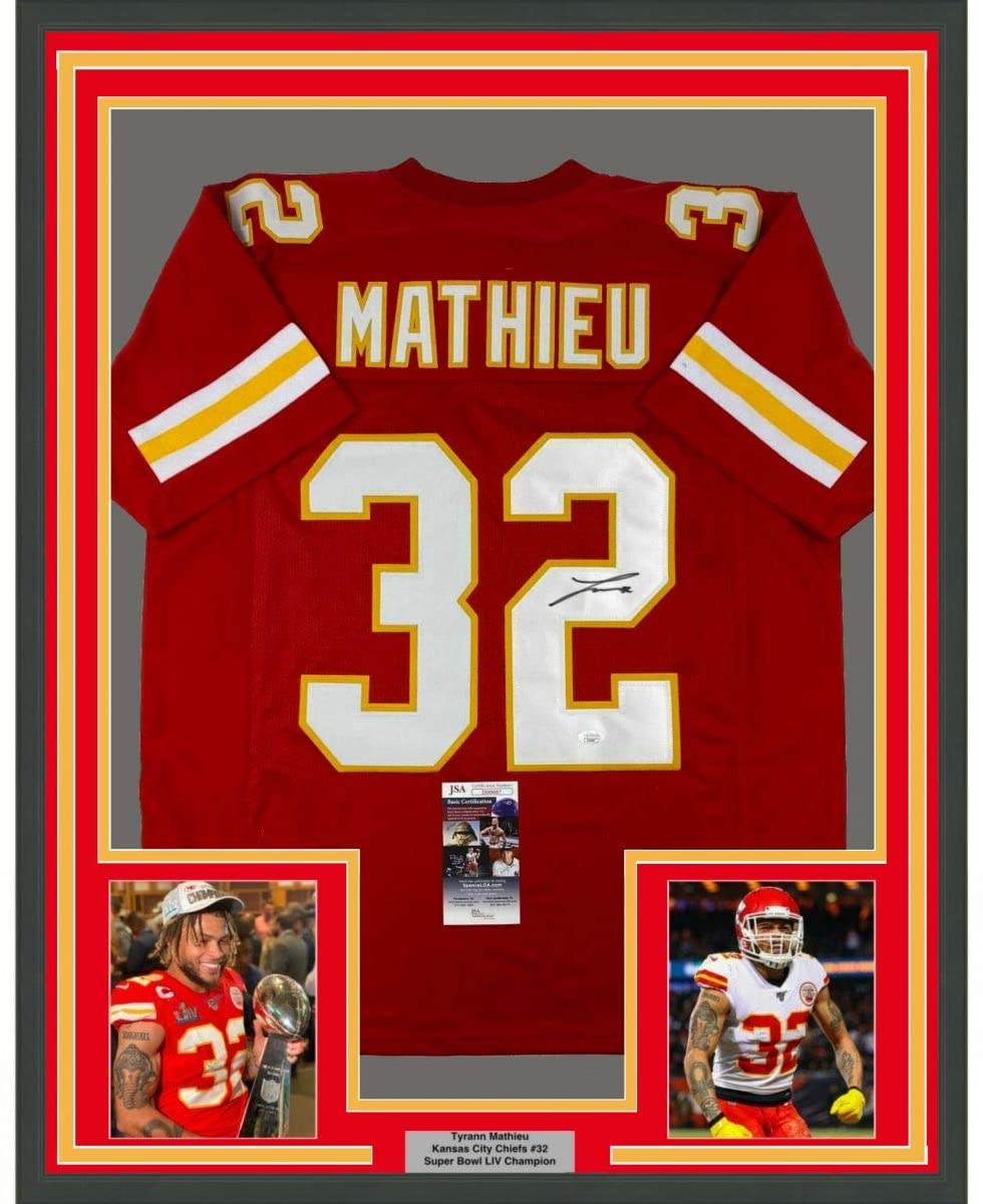 Framed Autographed/Signed Tyrann Mathieu 35x39 Kansas City Red Football Jersey JSA COA