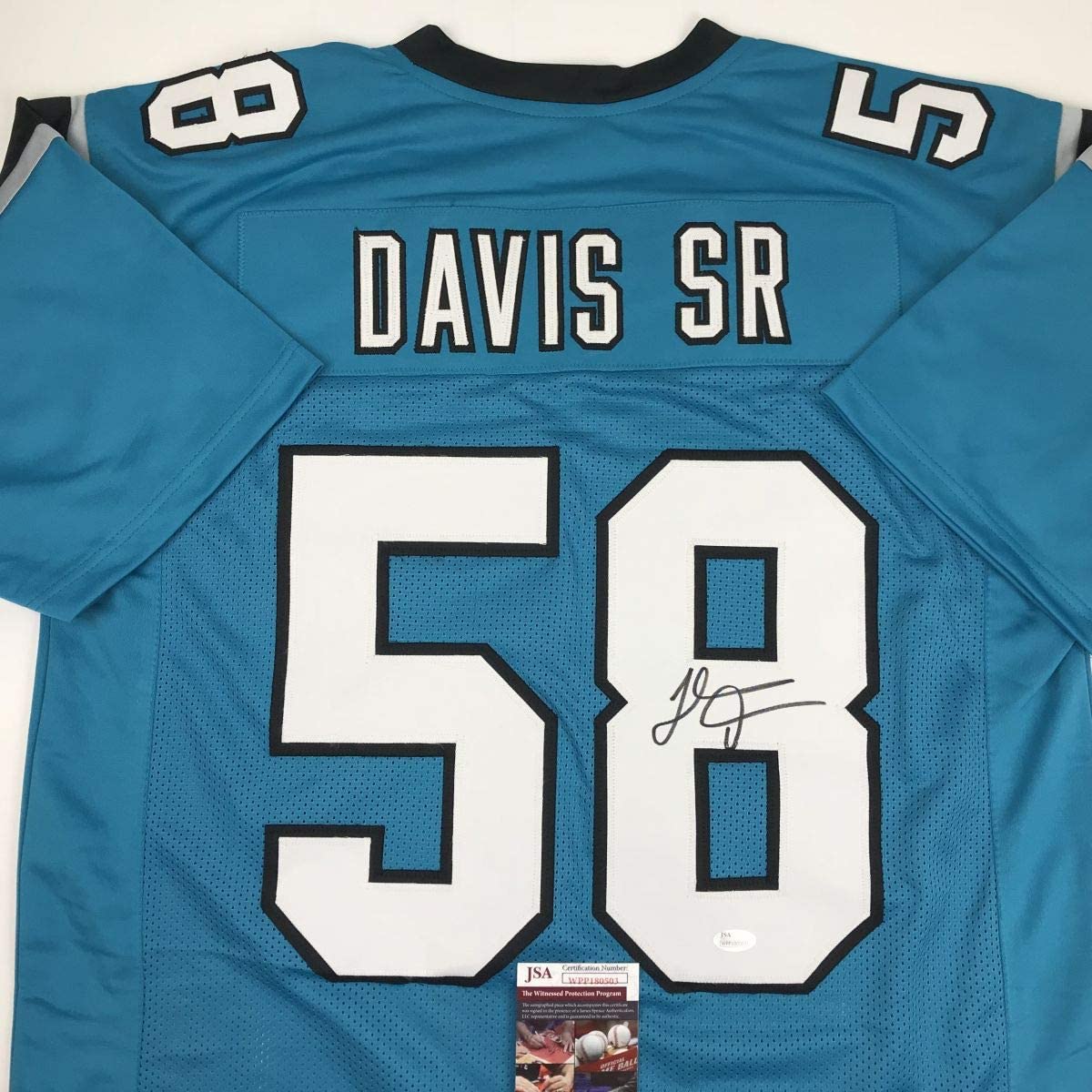 Autographed/Signed Thomas Davis Sr. Carolina Blue Football Jersey JSA COA