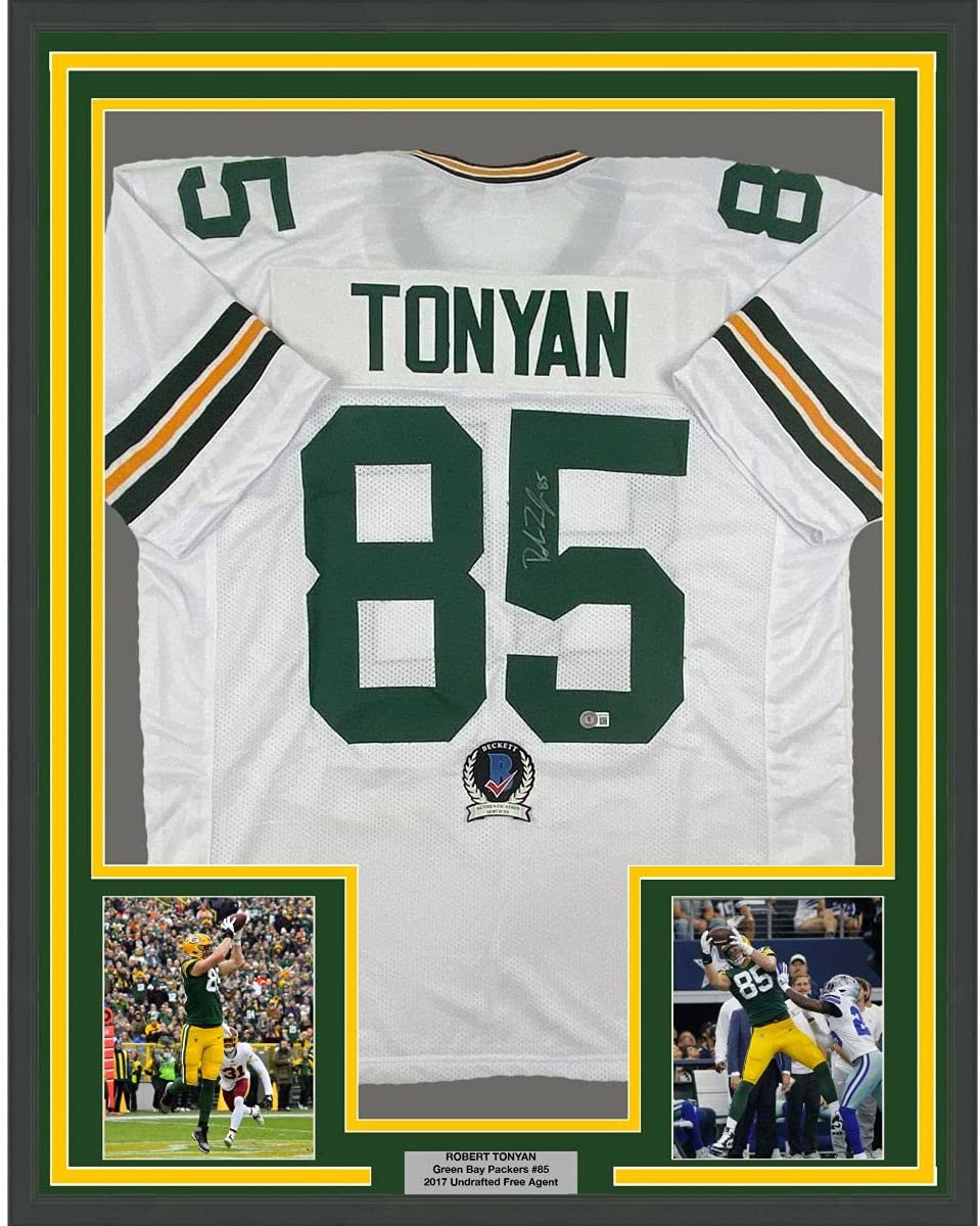Framed Autographed/Signed Robert Tonyan 35x39 Green Bay White Football Jersey Beckett BAS COA