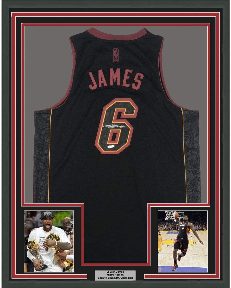 Framed Autographed/Signed LeBron James 35x39 Miami Heat Black Limited Edition Basketball Jersey Upper Deck UDA COA