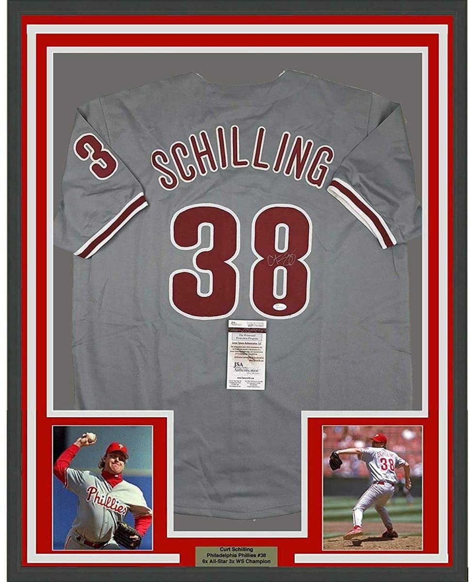Framed Autographed/Signed Curt Schilling 35x39 Philadelphia Grey Baseb