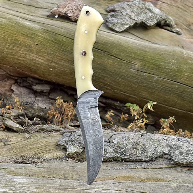 Good Skinning Knife Custom Handmade Full Tang Damascus Steel with Bone Handle, 8-inch - The Bonecrest