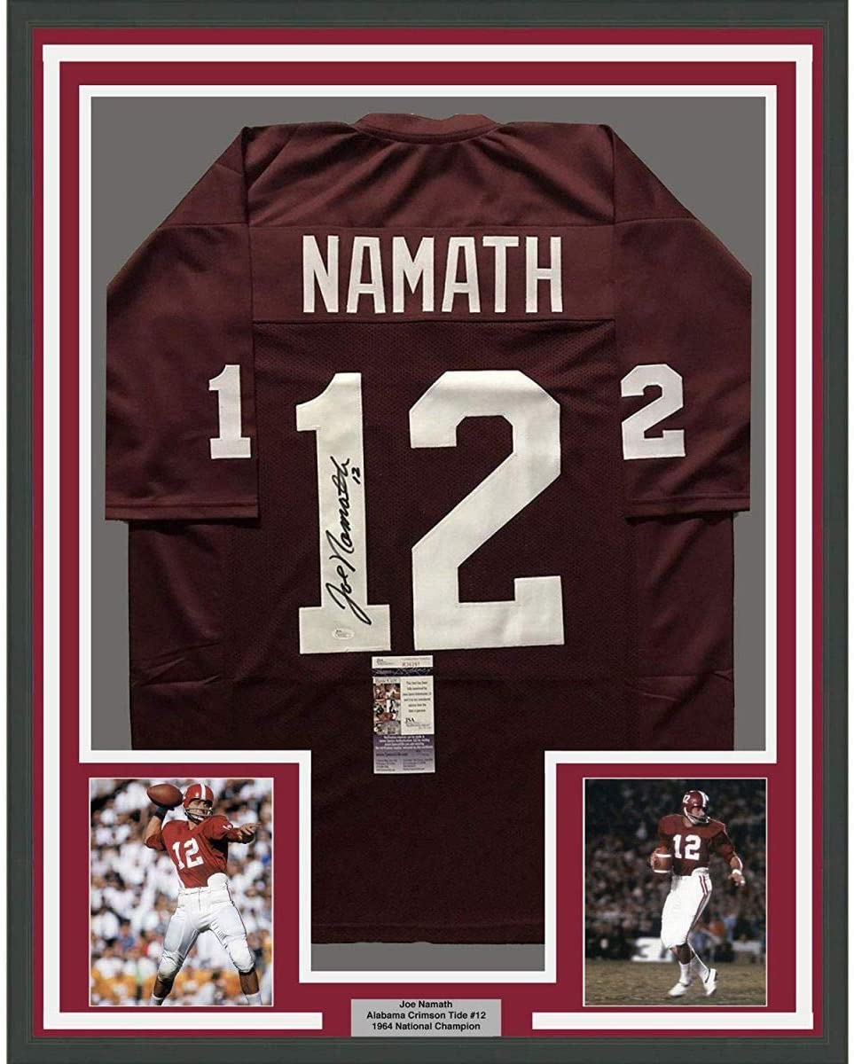 Framed Autographed/Signed Joe Namath 35x39 Alabama Crimson Tide Red College Football Jersey JSA COA
