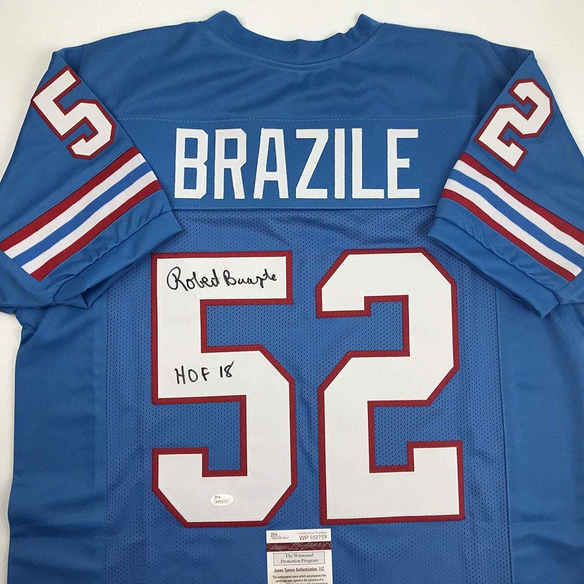 Autographed/Signed Robert Brazile HOF 18 Houston Blue Football Jersey JSA COA