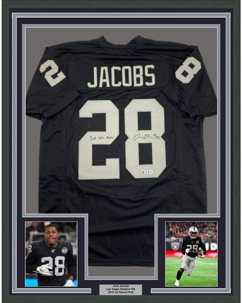 Framed Autographed/Signed Josh Jacobs Just Win Baby 35x39 Las Vegas Oakland Black Football Jersey Beckett BAS COA