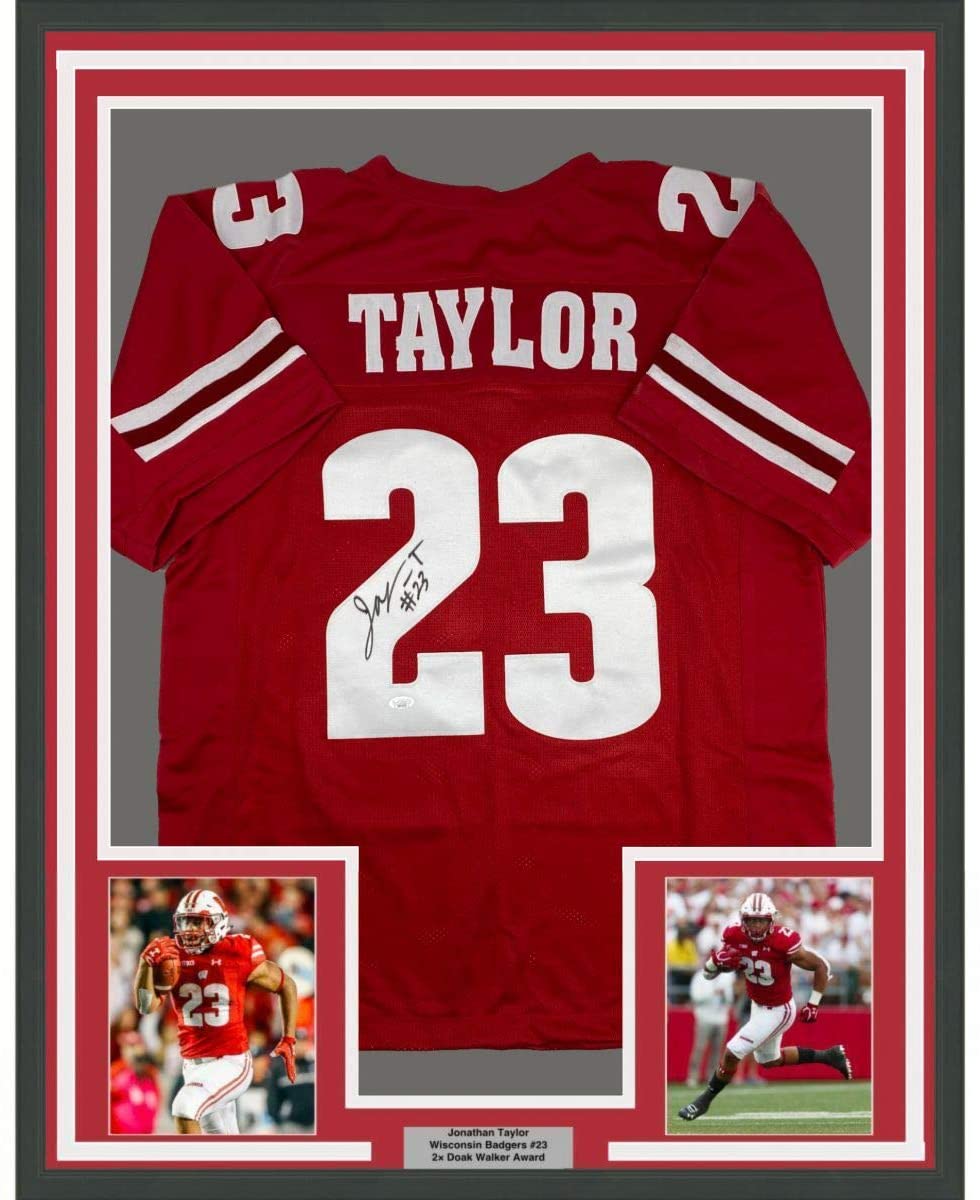 Framed Autographed/Signed Jonathan Taylor 35x39 Wisconsin Red College Football Jersey JSA COA