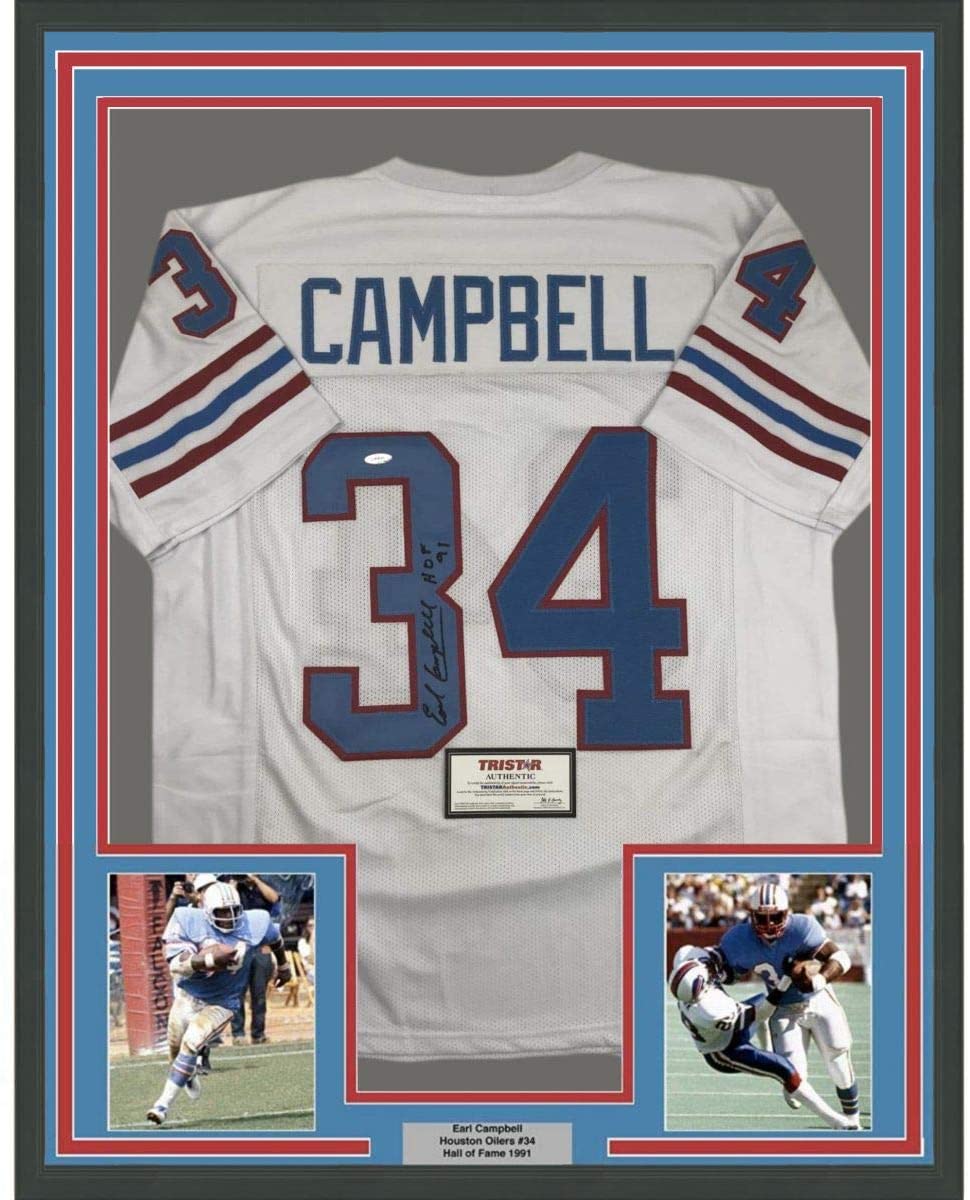 Framed Autographed/Signed Earl Campbell HOF 91 35x39 Houston White Football Jersey Tristar COA