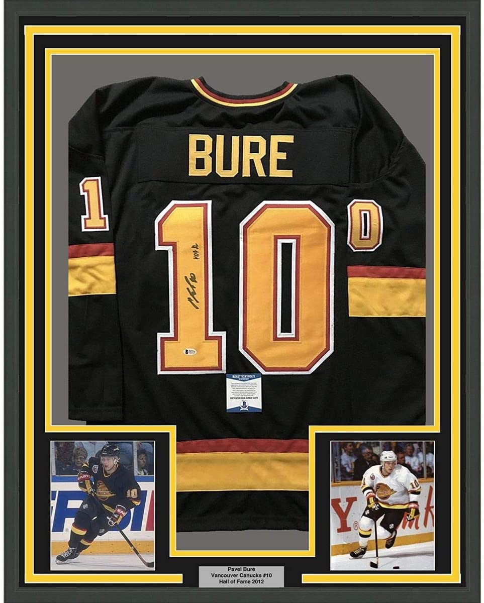 Framed Autographed/Signed Pavel Bure HOF 12 35x39 Vancouver Canucks Black Hockey Jersey Beckett BAS COA