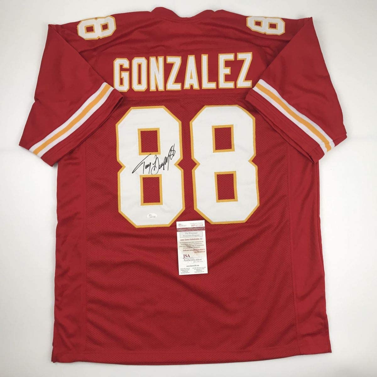 Autographed/Signed Tony Gonzalez Kansas City Red Football Jersey JSA COA