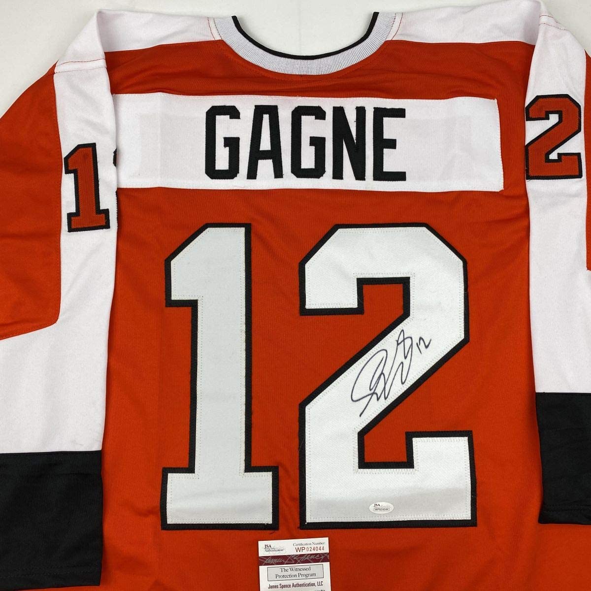 Autographed/Signed Simon Gagne Philadelphia Orange Hockey Jersey JSA COA