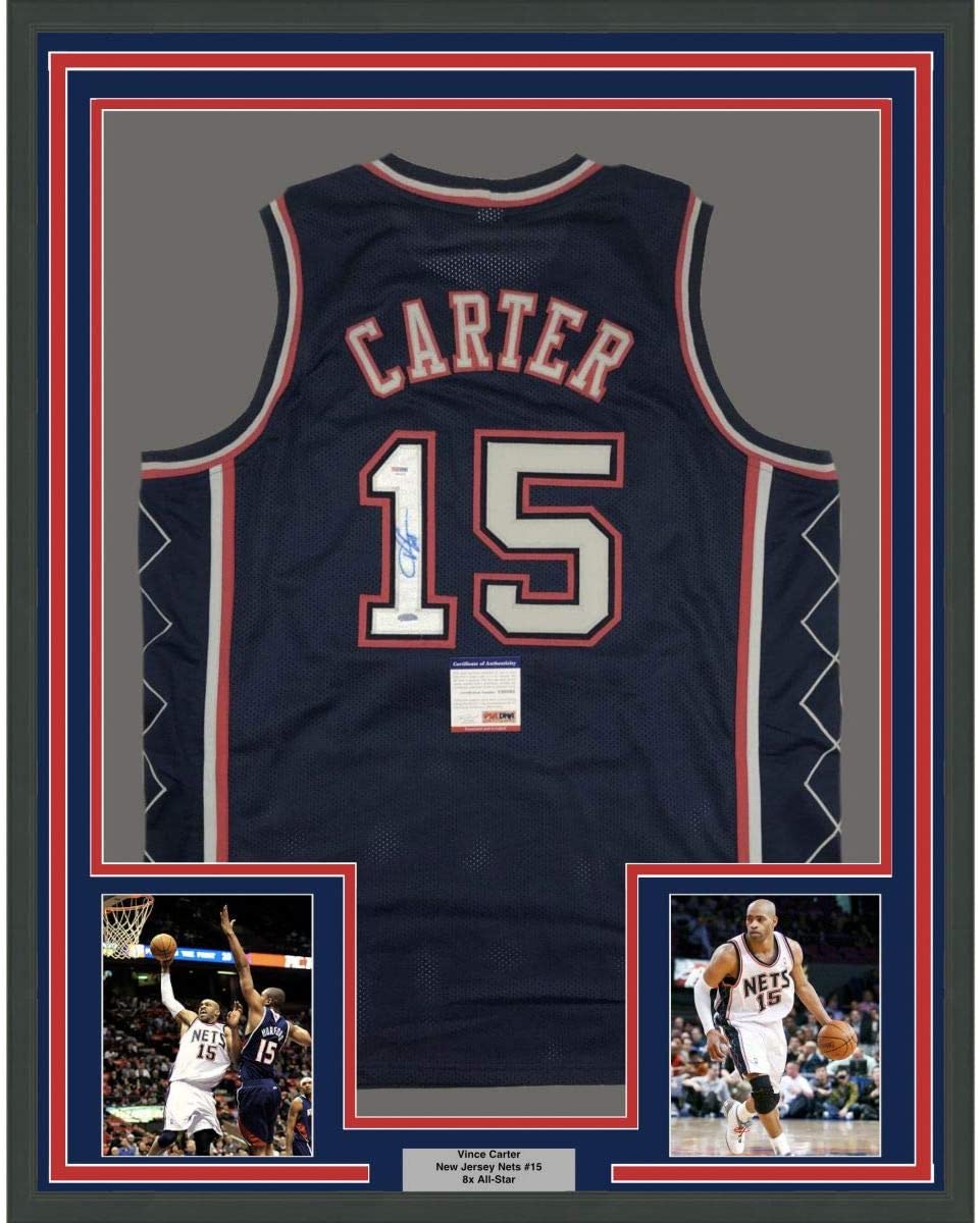 Framed Autographed/Signed Vince Carter 35x39 New Jersey NJ Blue Basketball Jersey PSA/DNA COA