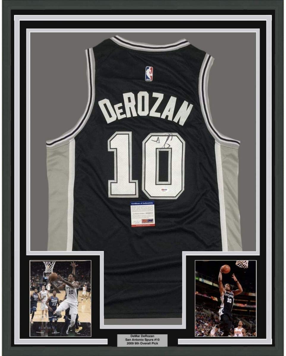 Framed Autographed/Signed DeMar DeRozan 35x39 San Antonio Black Basketball Jersey PSA/DNA COA