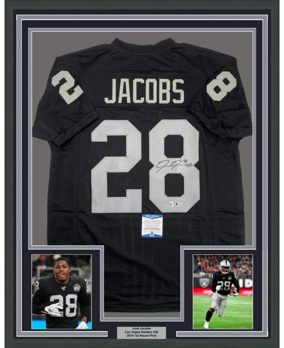Framed Autographed/Signed Josh Jacobs 35x39 Las Vegas Oakland Black Football Jersey Beckett BAS COA