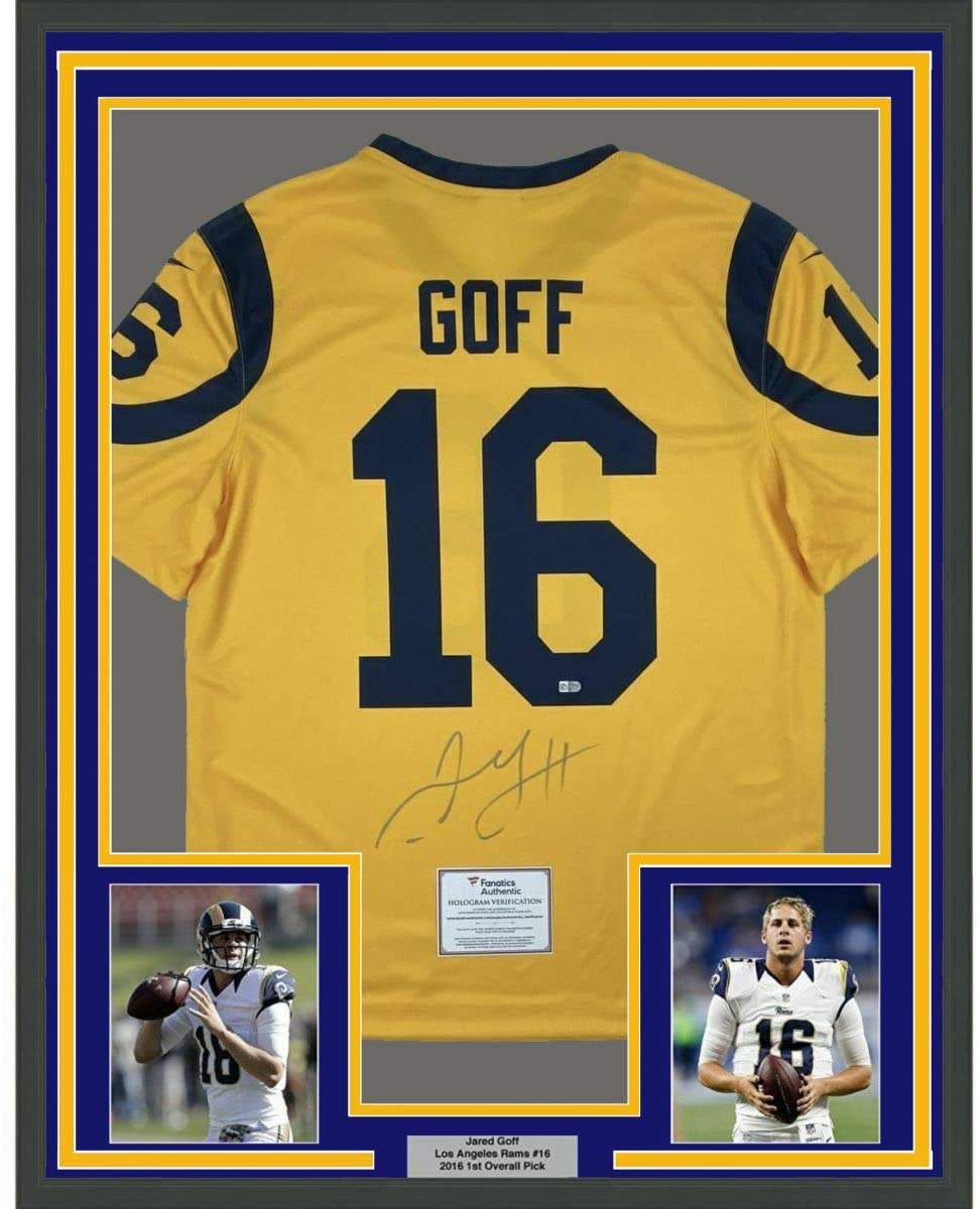 Framed Autographed/Signed Jared Goff 35x39 Los Angeles LA Yellow Color Rush Football Jersey Fanatics COA