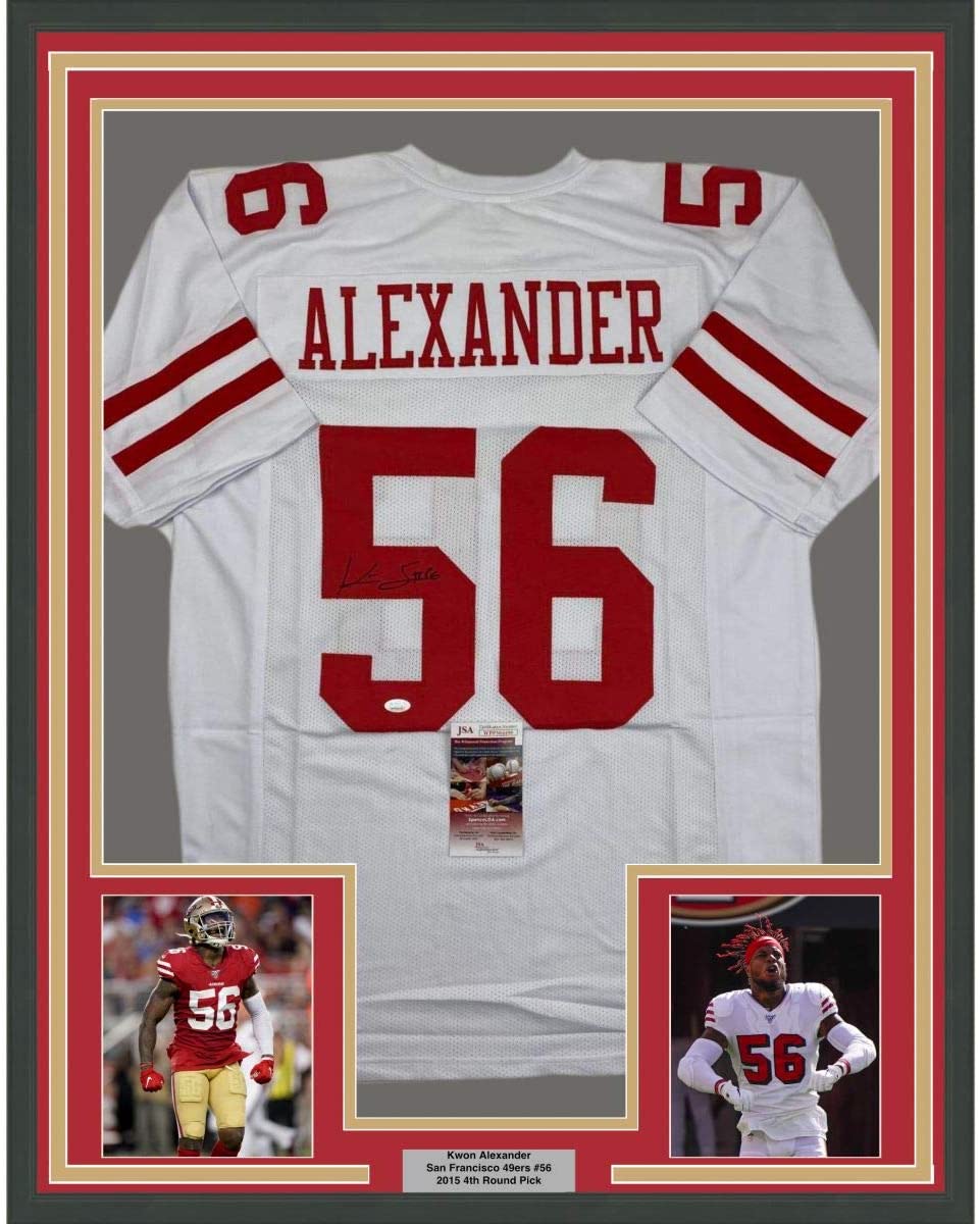 Framed Autographed/Signed Kwon Alexander 35x39 San Francisco White Football Jersey JSA COA