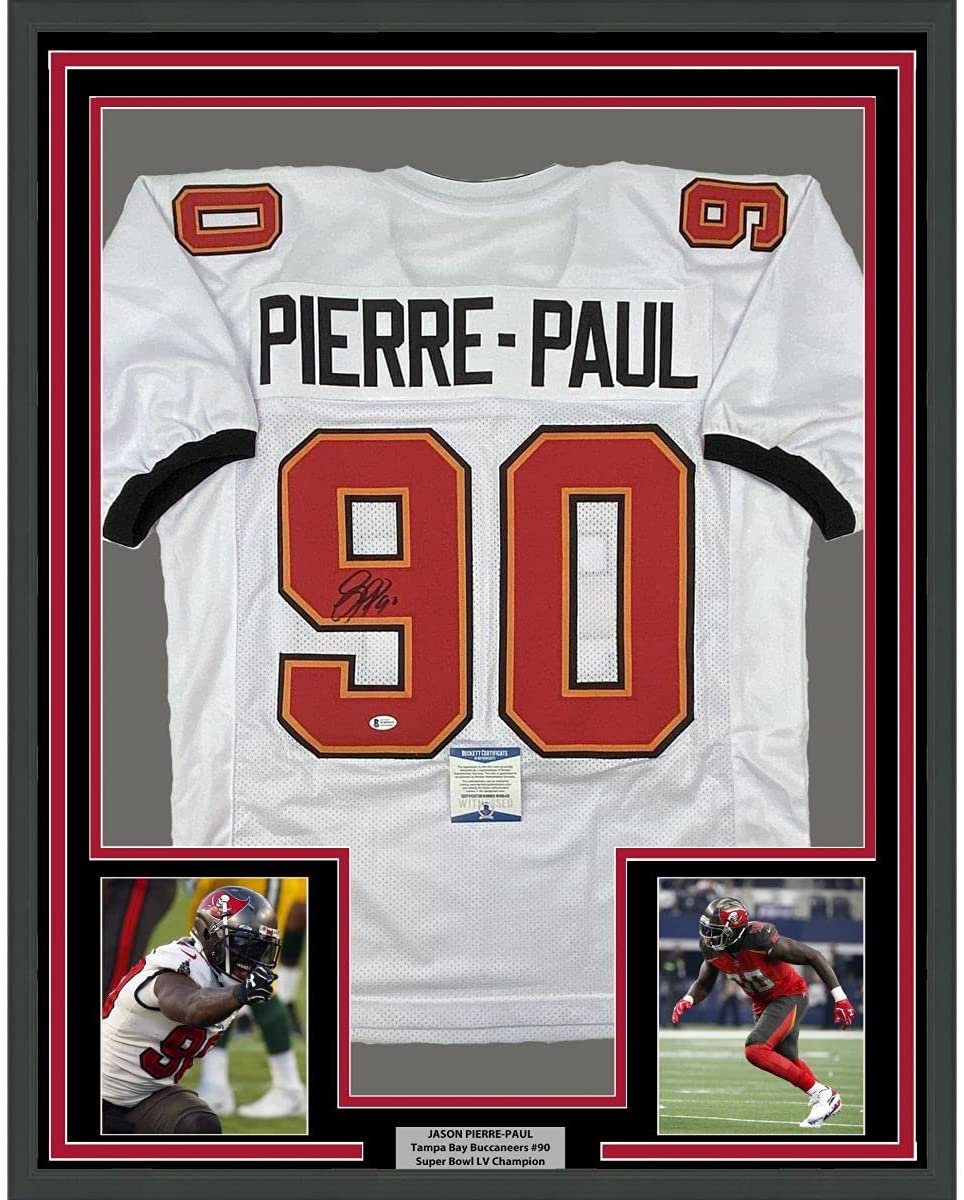 Framed Autographed/Signed Jason Pierre-Paul 35x39 Tampa Bay White Football Jersey Beckett BAS COA