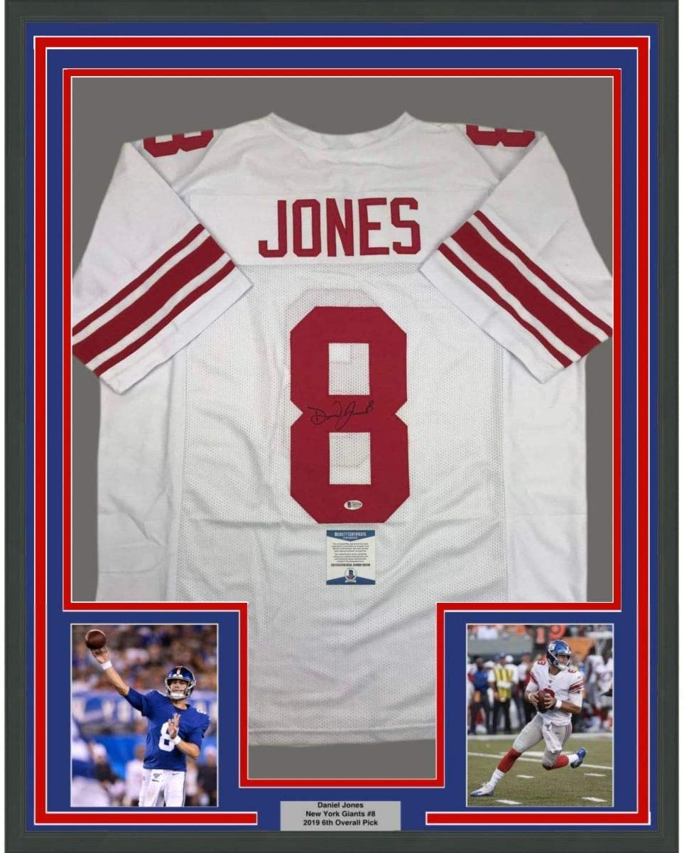 Framed Autographed/Signed Daniel Jones 35x39 New York White Football Jersey Beckett BAS COA