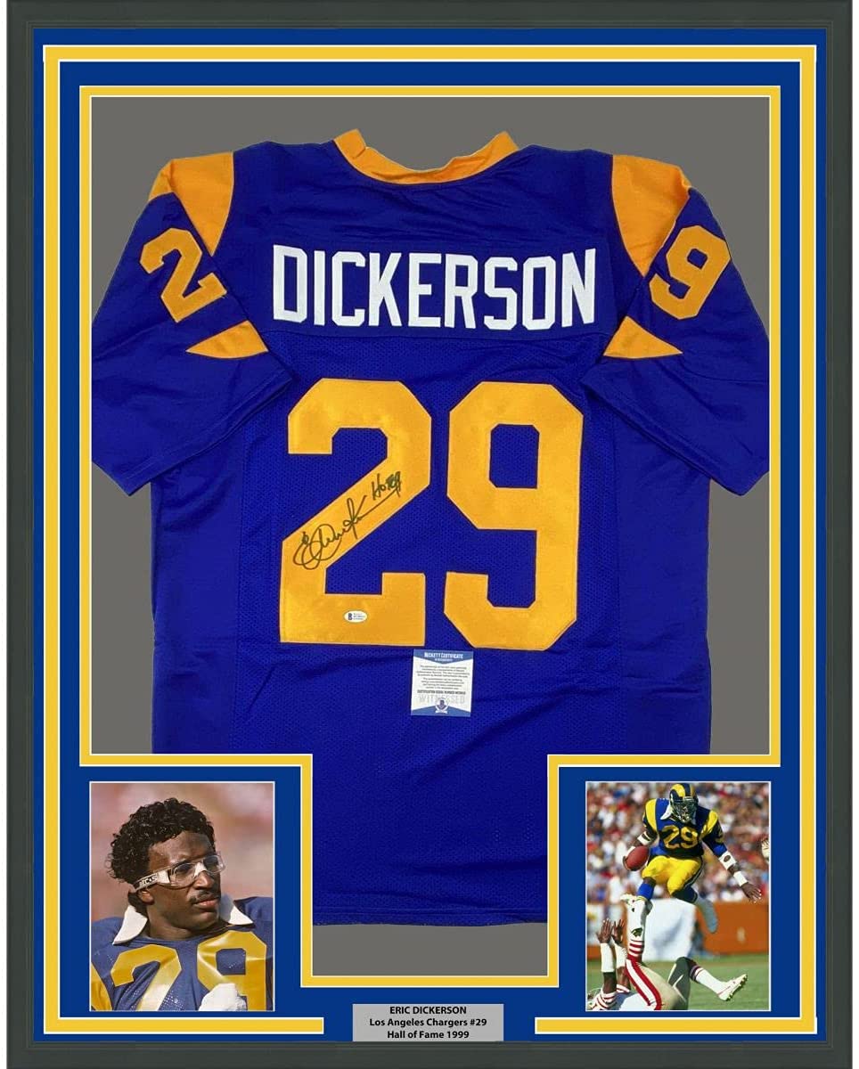 Framed Autographed/Signed Eric Dickerson 35x39 HOF 99 Los Angeles LA Blue Football Jersey Beckett BAS COA