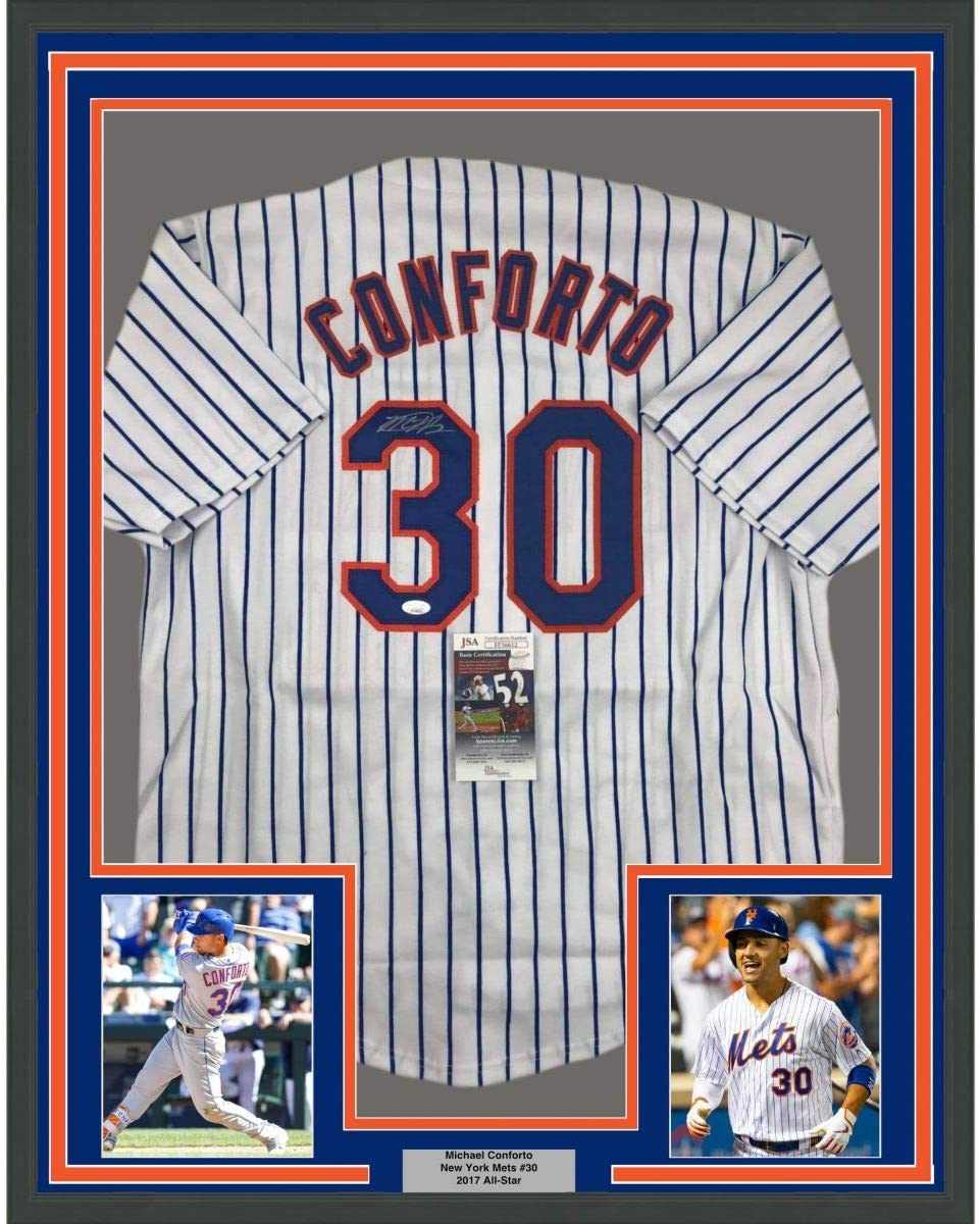 Framed Autographed/Signed Michael Conforto 35x39 New York NY Pinstripe Baseball Jersey JSA COA
