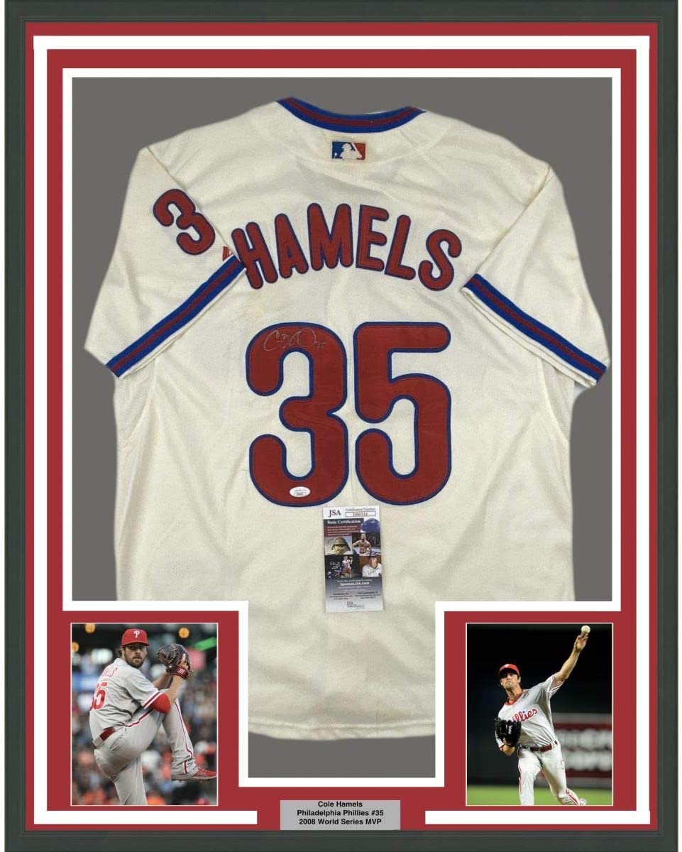 Framed Autographed/Signed Cole Hamels 35x39 Philadelphia Cream Baseball Jersey JSA COA