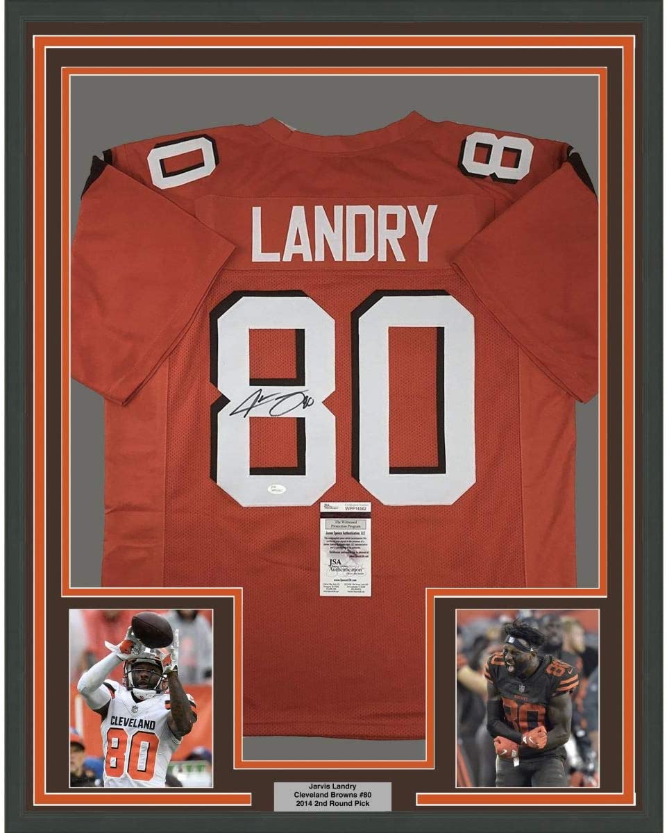 Framed Autographed/Signed Jarvis Landry 35x39 Cleveland Orange Football Jersey JSA COA